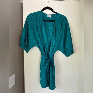 Vintage Floral Jacquard Teal Robe and Slip Dress Set